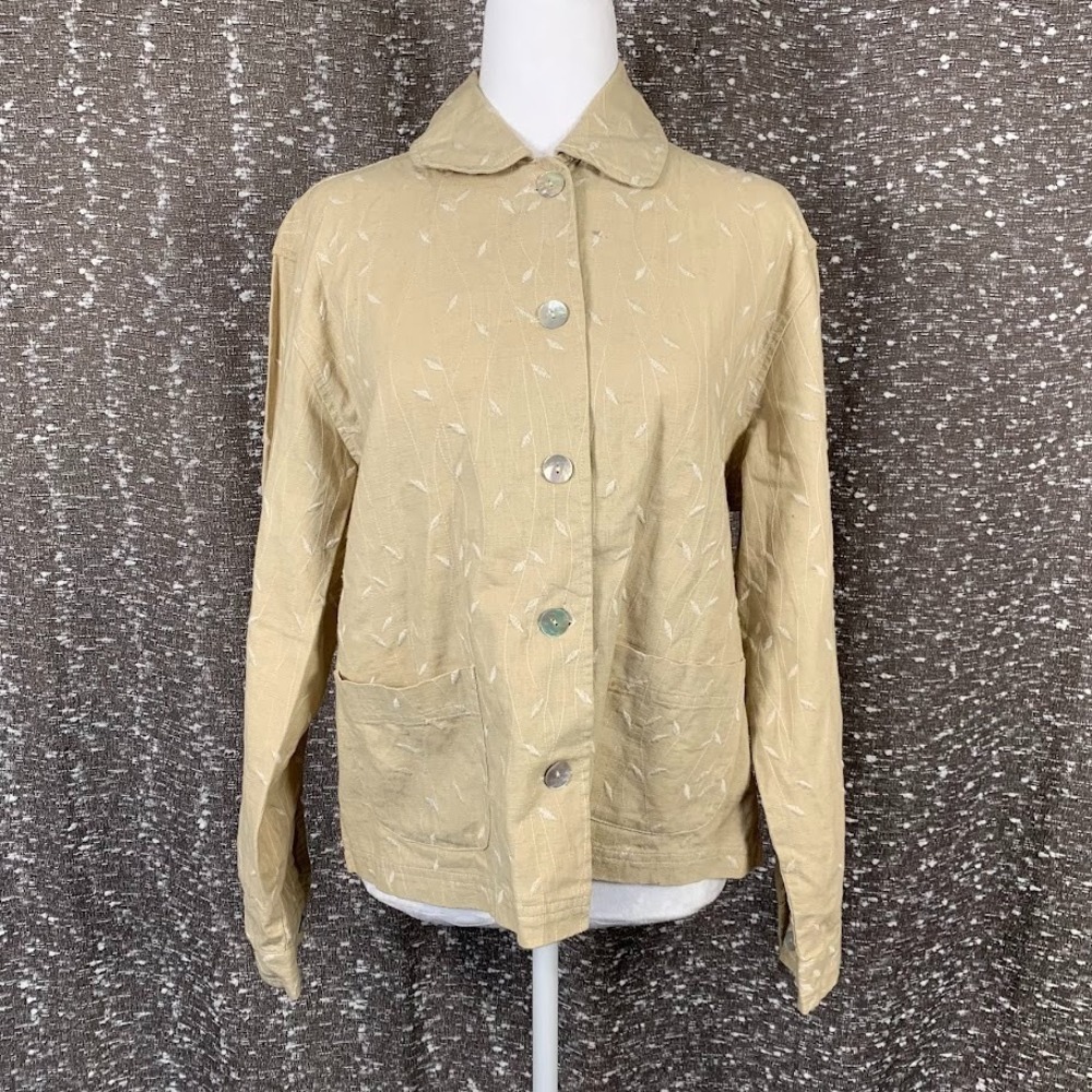 Vintage A.M.I Beige Linen Blend Floral Embroidered Long Sleeve‎ Shirt Women Sz M